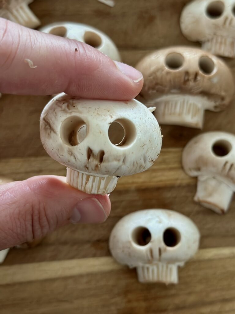 Step-by-Step tutorial on how to carve Halloween mushroom skull for black risotto  by Chef Jen | Bacon & Spice